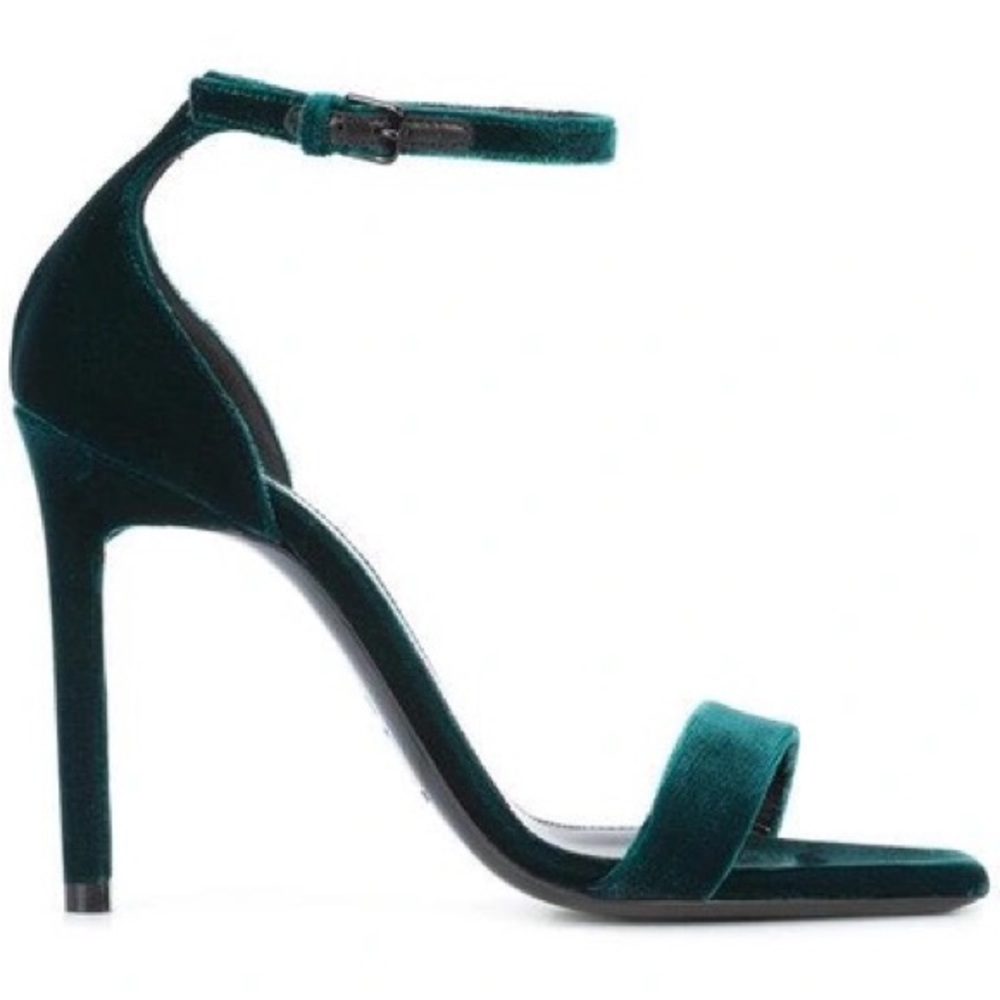 Saint Laurent Amber ankle strap sandal heels, green velvet, size 38
